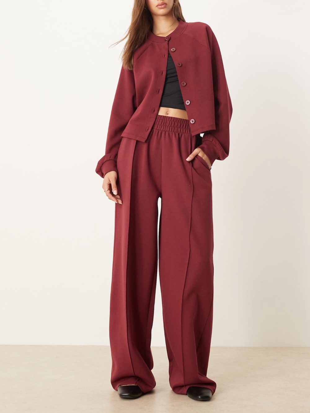 ASOS - 2 piece SET Button-Front long sleeve sweatshirt top & pants Burgundy